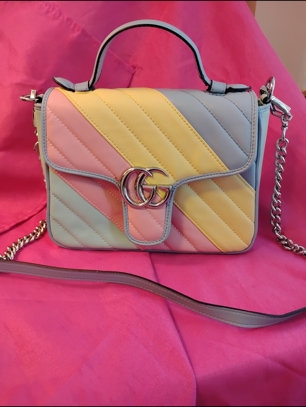 Pastel Diagonal Stripe Mini Top-Handle Bag - Pink, Yellow, Blue, Mint